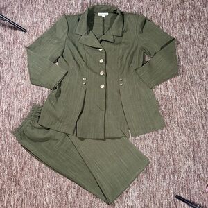 Dress Barn Plus Size 2-Piece Blazer Pant Suit Set Olive Green 14W Vintage